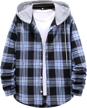 Men's Hooded Shirts Jackets Flannel Collar Long Sleeve Shirt Blouse Quilted Lined Flannel Shirt Jacket for Men Fall