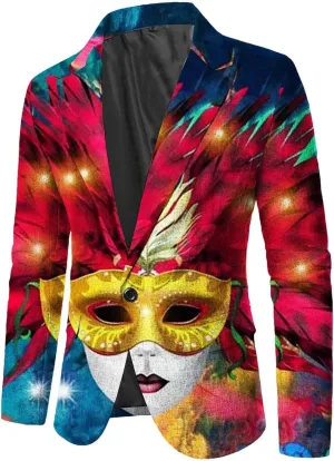 Mens Mardi Gras Suit Jackets Fancy Mask Printed Carnival Party Blazer Slim Fit One Buttton Notched Lapel Tuxedo Coat