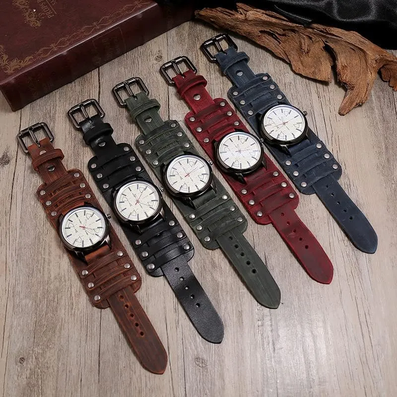 Men's Punk & Retro Domineering Leather Watches - Double Layer Hand Stitched Punk Bracelets, Men's Wrist Watches