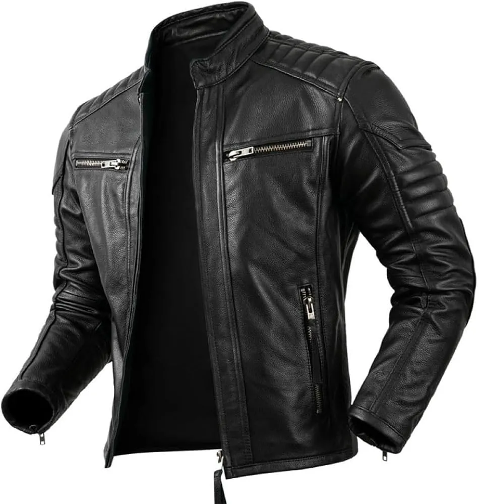 Men's Real Cowhide Biker Cafe Racer Slim Fit Vintage Leather Jacket