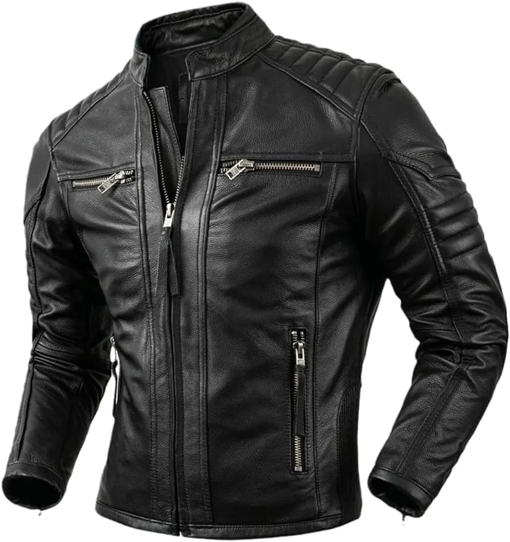 Men's Real Cowhide Biker Cafe Racer Slim Fit Vintage Leather Jacket