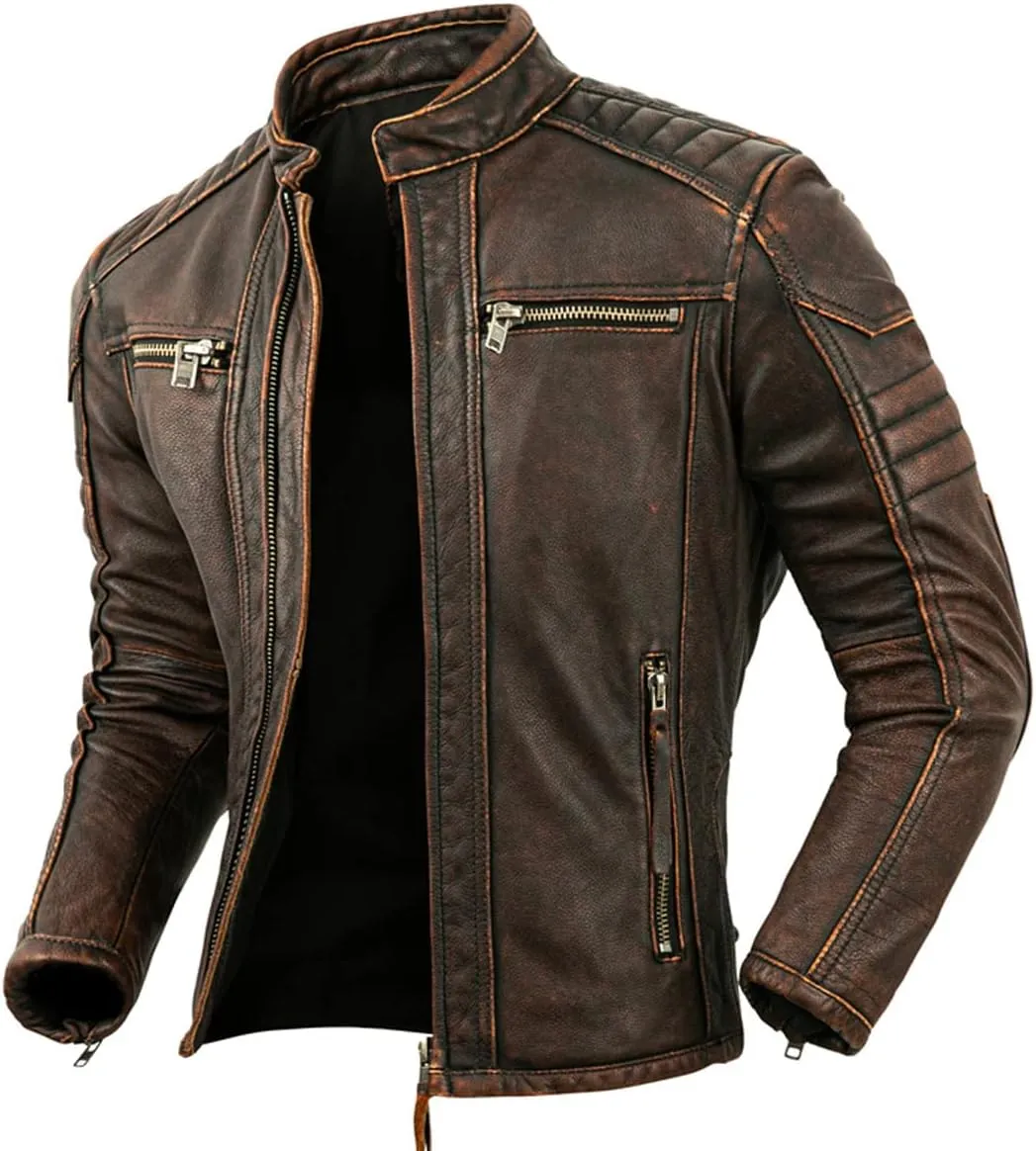 Men's Real Cowhide Biker Cafe Racer Slim Fit Vintage Leather Jacket