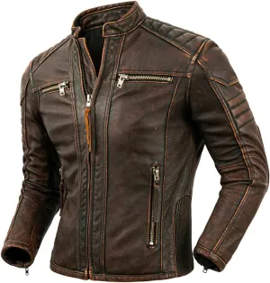 Men's Real Cowhide Biker Cafe Racer Slim Fit Vintage Leather Jacket