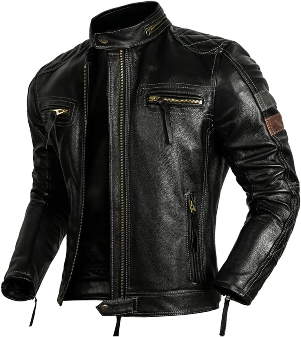 Men's Real Cowhide Biker Cafe Racer Slim Fit Vintage Leather Jacket