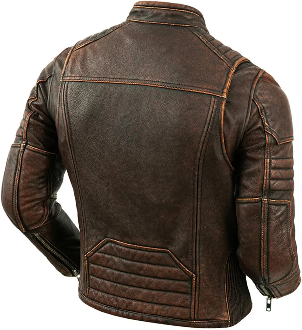 Men's Real Cowhide Biker Cafe Racer Slim Fit Vintage Leather Jacket