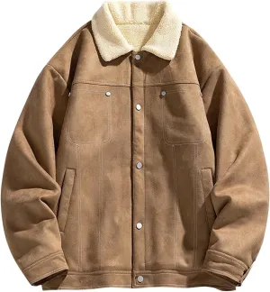 Men's Sherpa Lined Jacket Casual Suede Trucker Jacket Lapel Button Down Fleece Warm Winter Coats with Pockets