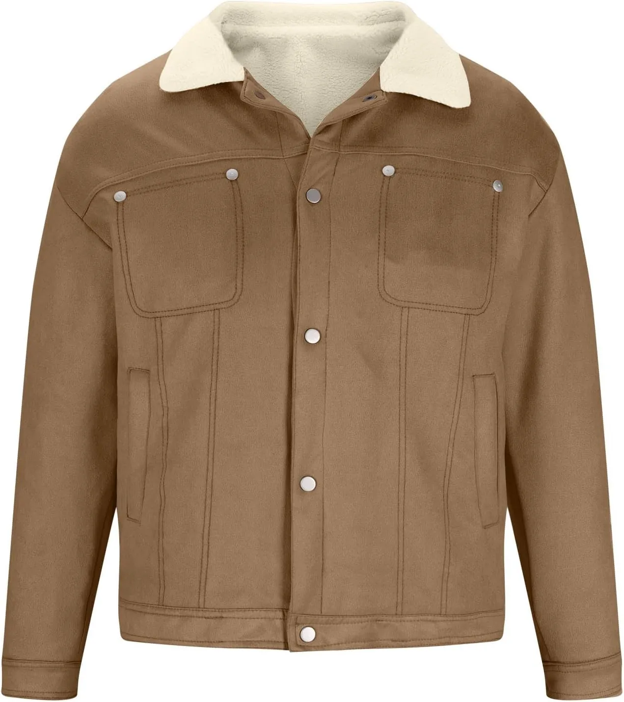 Men's Sherpa Lined Jacket Casual Suede Trucker Jacket Lapel Button Down Fleece Warm Winter Coats with Pockets