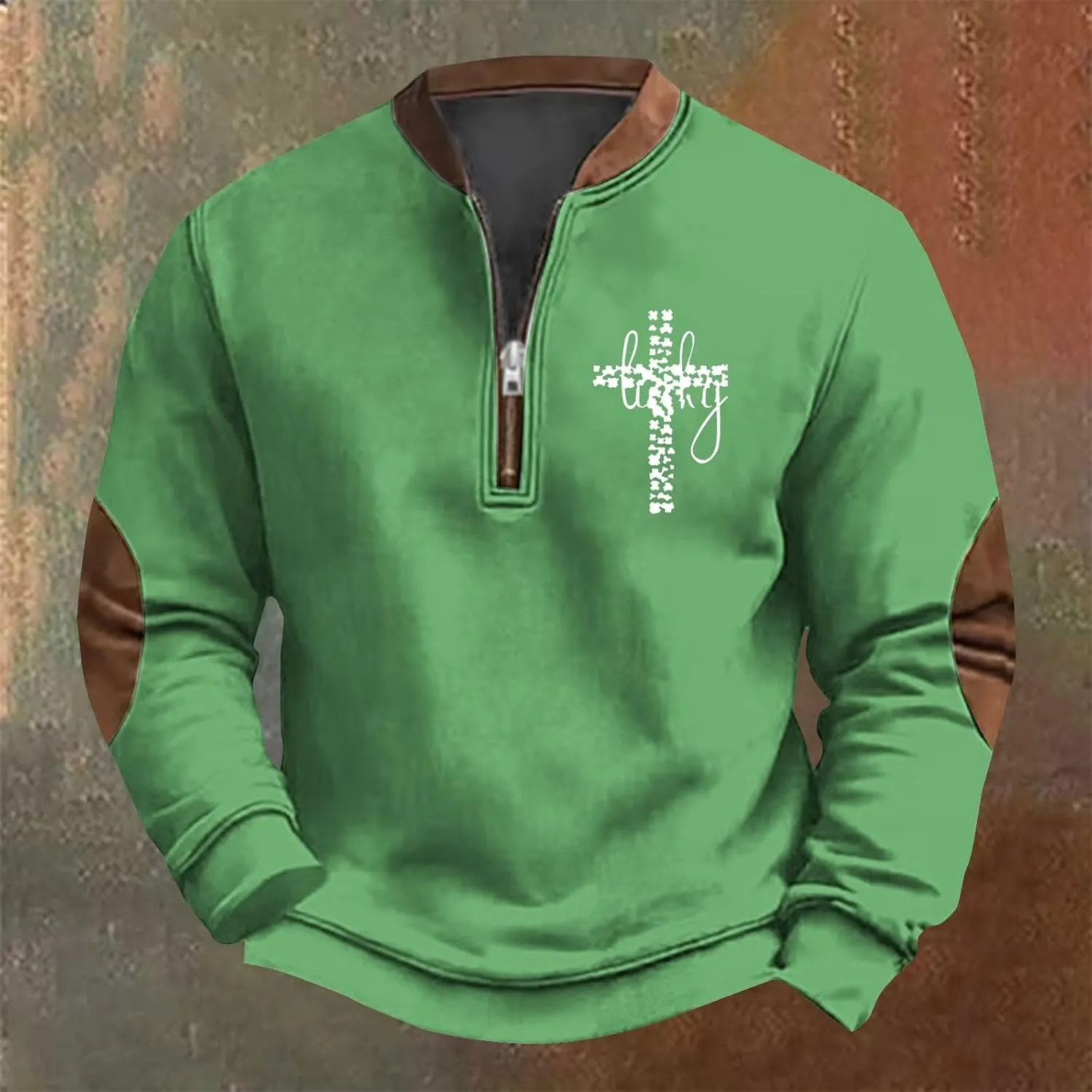 Mens St Patricks Day Sweatshirt Retro Shamrock Print Shirts Stand Collar Long Sleeve Shirt Pullover Sports Clothes