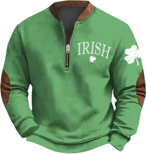Mens St Patricks Day Sweatshirt Retro Shamrock Print Shirts Stand Collar Long Sleeve Shirt Pullover Sports Clothes
