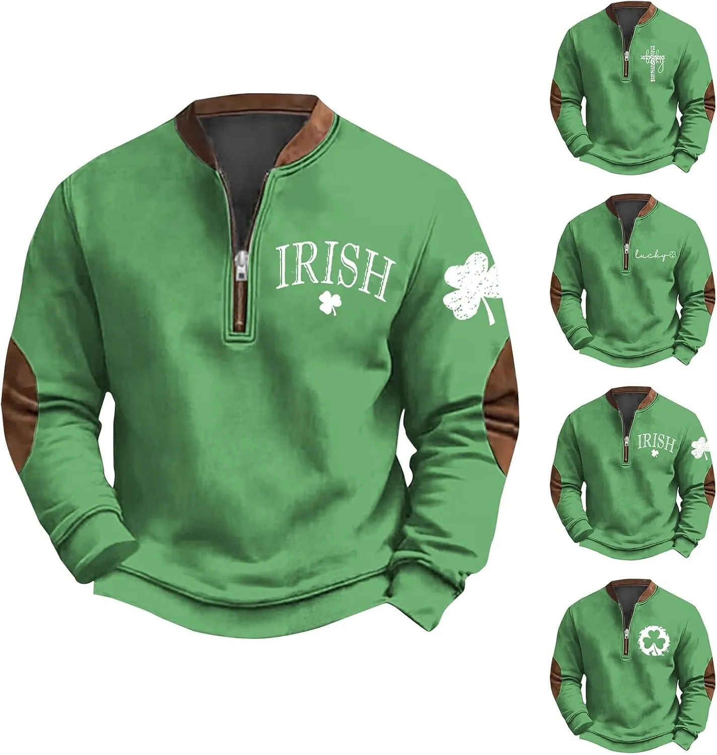 Mens St Patricks Day Sweatshirt Retro Shamrock Print Shirts Stand Collar Long Sleeve Shirt Pullover Sports Clothes