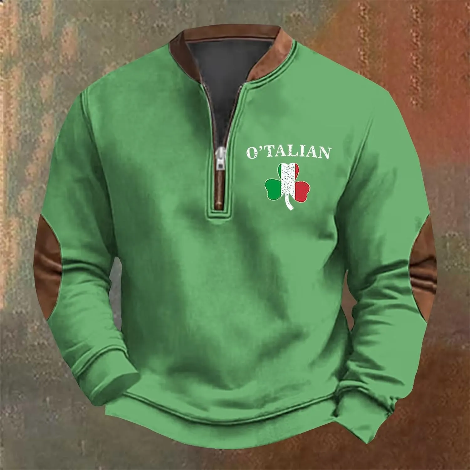 Mens St Patricks Day Sweatshirt Retro Shamrock Print Shirts Stand Collar Long Sleeve Shirt Pullover Sports Clothes