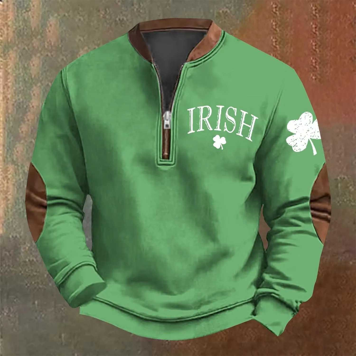 Mens St Patricks Day Sweatshirt Retro Shamrock Print Shirts Stand Collar Long Sleeve Shirt Pullover Sports Clothes