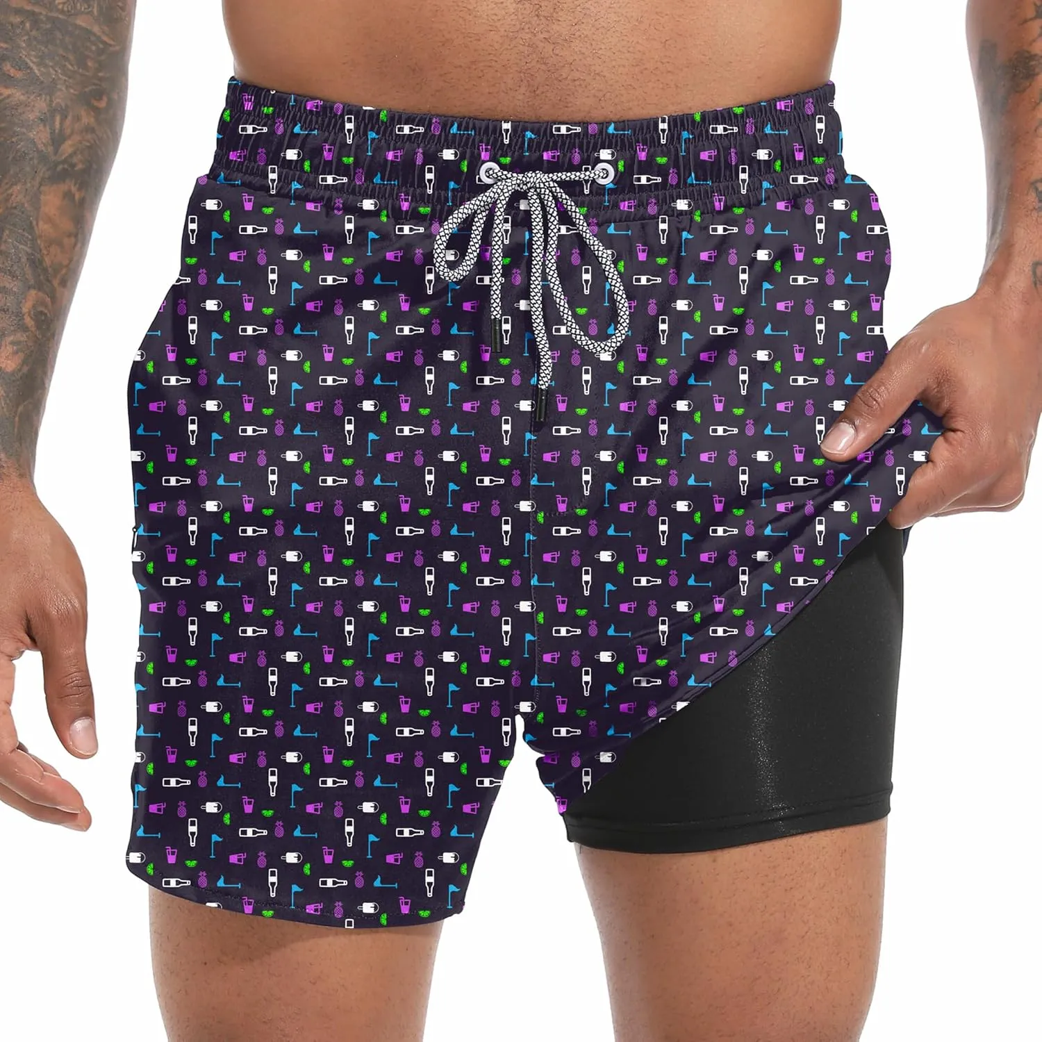 Mens Swim Trunks with Compression Liner 5.5" Board Shorts with Zipper Pockets 2 in 1 Quick Dry Bathing Suits