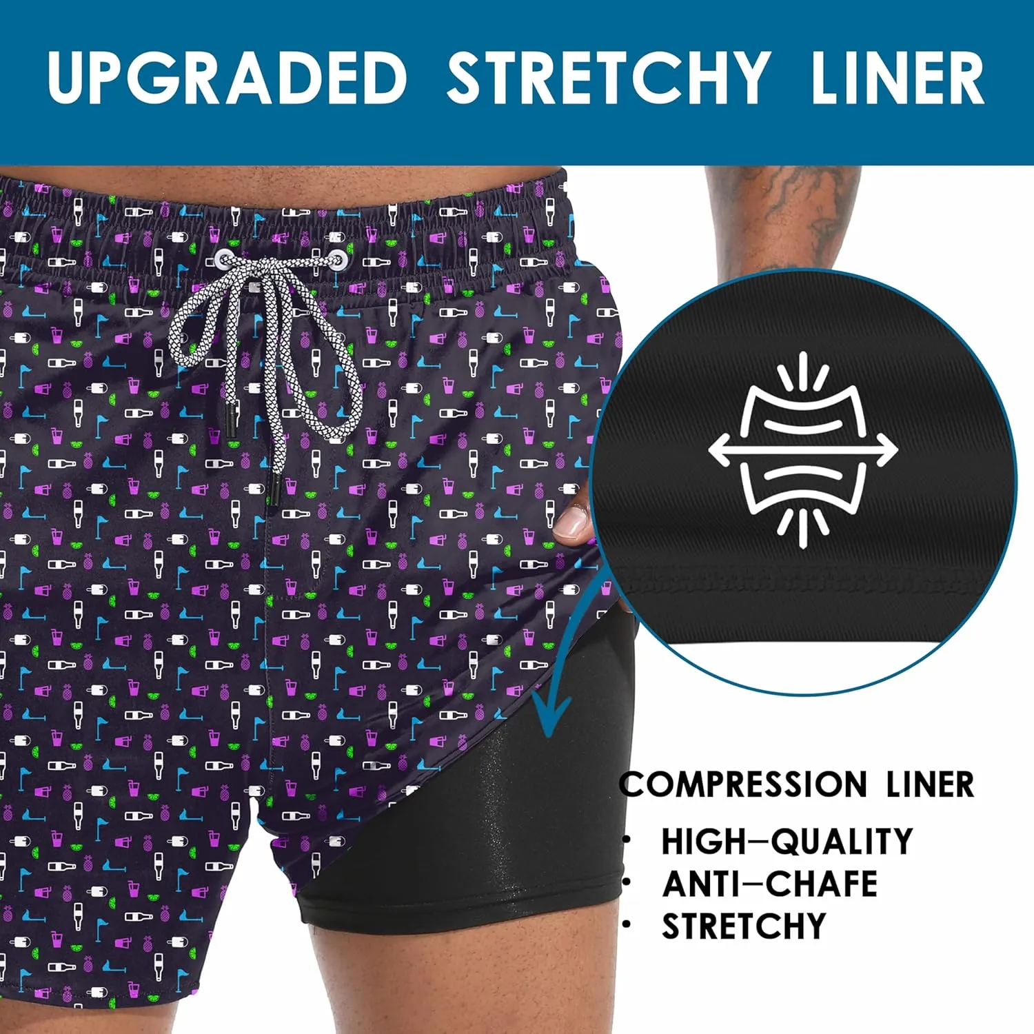 Mens Swim Trunks with Compression Liner 5.5" Board Shorts with Zipper Pockets 2 in 1 Quick Dry Bathing Suits