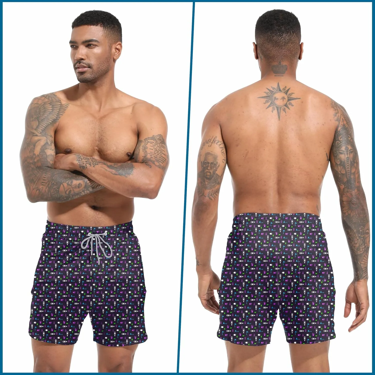 Mens Swim Trunks with Compression Liner 5.5" Board Shorts with Zipper Pockets 2 in 1 Quick Dry Bathing Suits