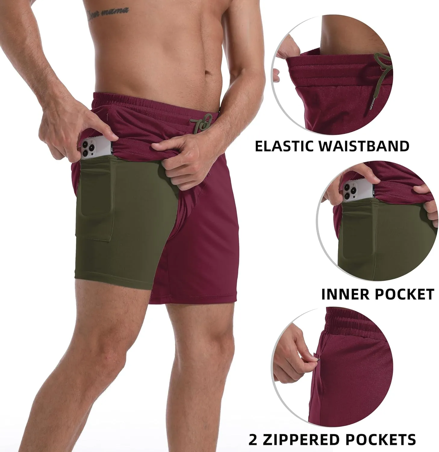 Mens Swim Trunks with Compression Liner 7" Board Shorts with Zipper Pockets 2 in 1 Quick Dry Bathing Suits