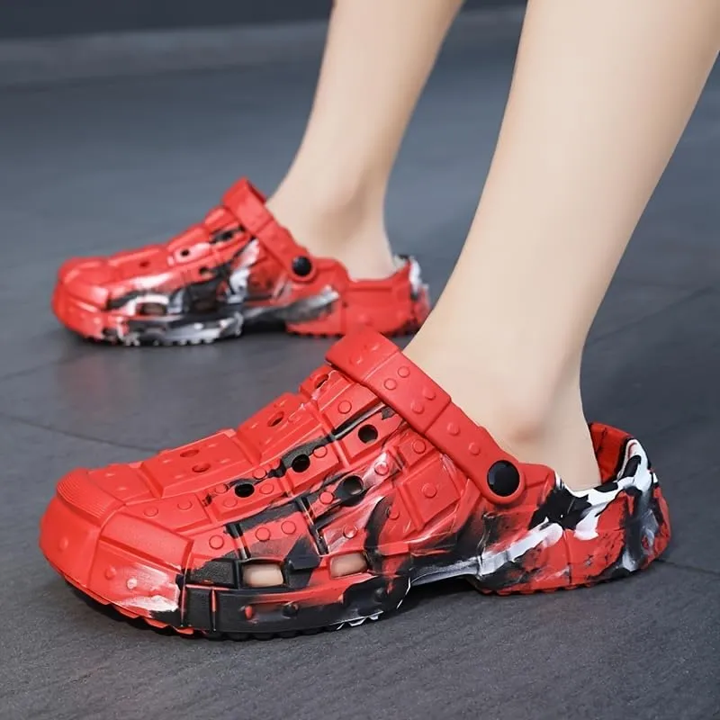 Men's Trendy Color Block Hollow-Out Clogs, Comfortable Non-Slip Casual Durable EVA Slippers for Men Outdoor Activities