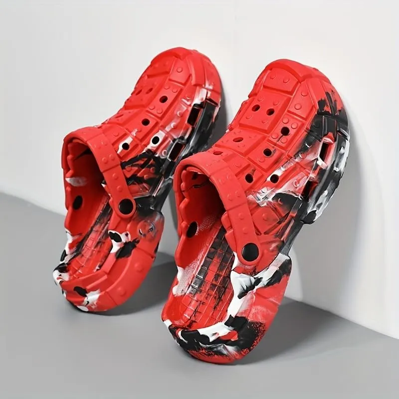 Men's Trendy Color Block Hollow-Out Clogs, Comfortable Non-Slip Casual Durable EVA Slippers for Men Outdoor Activities