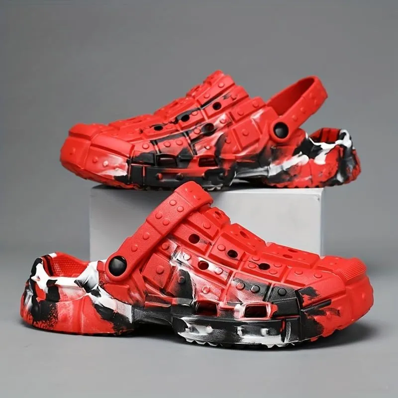 Men's Trendy Color Block Hollow-Out Clogs, Comfortable Non-Slip Casual Durable EVA Slippers for Men Outdoor Activities