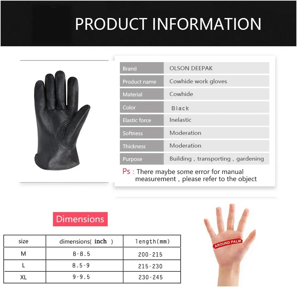 Men's Water Resistant Cowhide Leather Work Gloves for Construction,Gardening Gloves,Waterproof Mechanic Gloves