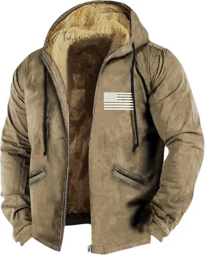 Men's Western Vintage Print Sherpa Fleece Lined Jackets Fall Winter Over Outerwear Quilted Down Varsity Coat Hooded
