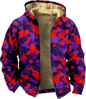 Men's Western Vintage Print Sherpa Fleece Lined Jackets Faux Cozy Outerwear Quilted Down Varsity Coat Plus Size