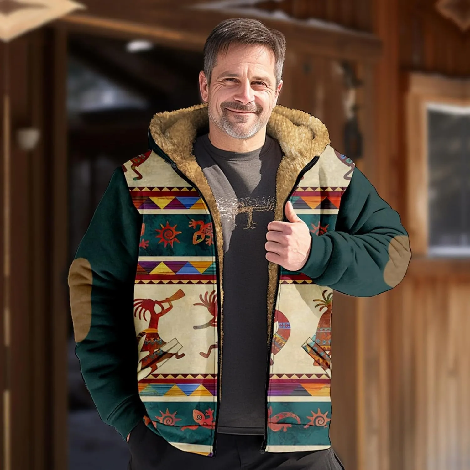 Men's Western Vintage Print Sherpa Fleece Lined Jackets Parka Warm Jacket Outerwear Windbreaker Varsity Coat Hooded