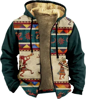 Men's Western Vintage Print Sherpa Fleece Lined Jackets Parka Warm Jacket Outerwear Windbreaker Varsity Coat Hooded