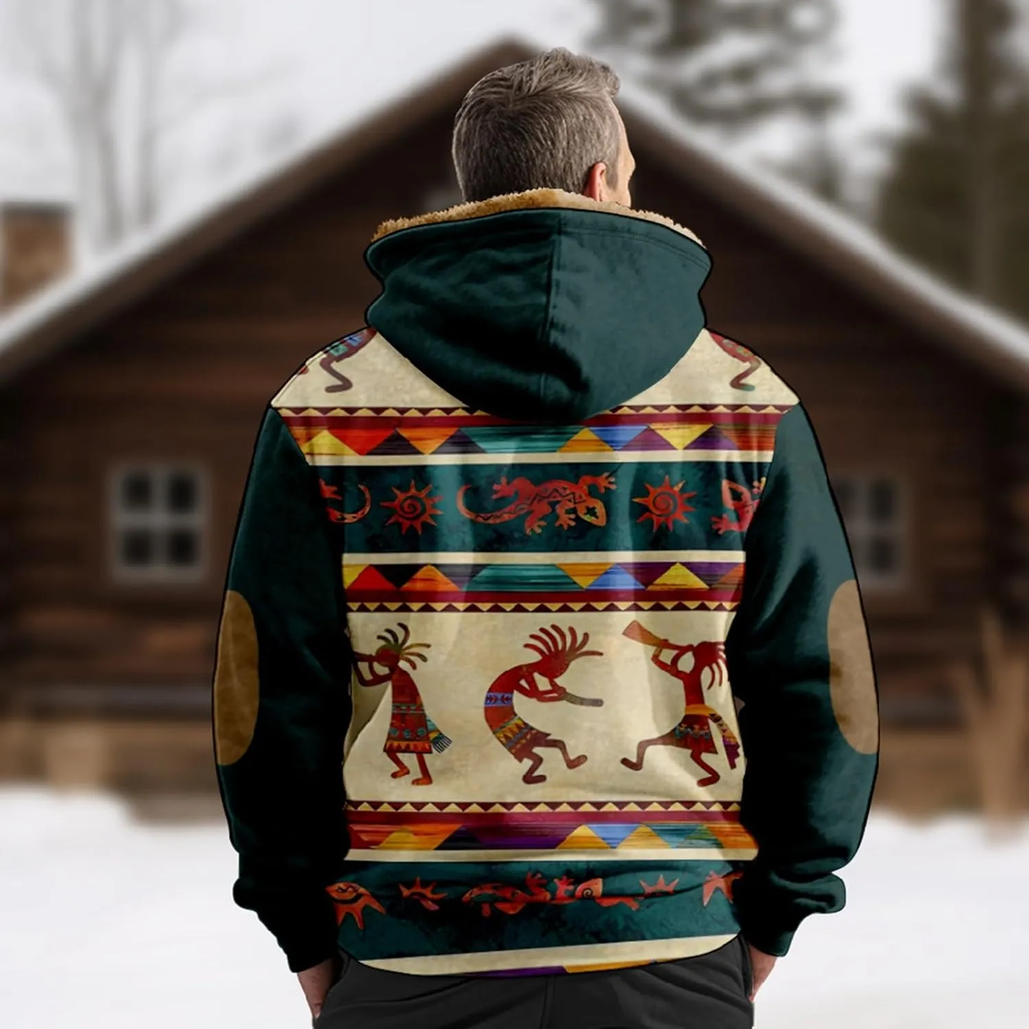 Men's Western Vintage Print Sherpa Fleece Lined Jackets Parka Warm Jacket Outerwear Windbreaker Varsity Coat Hooded