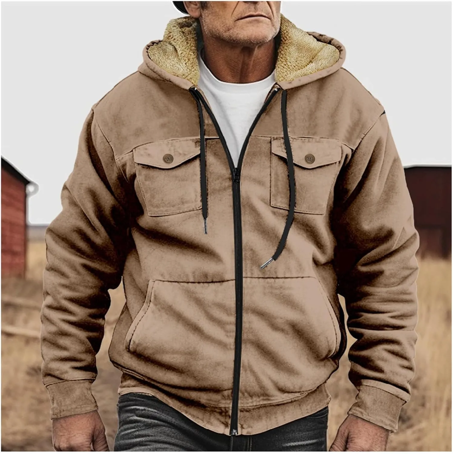 Men's Winter Jacket Hooded Sweater with Brown Pocket Cotton Jacket Hooded Windproof Windbreaker Jacket for Men