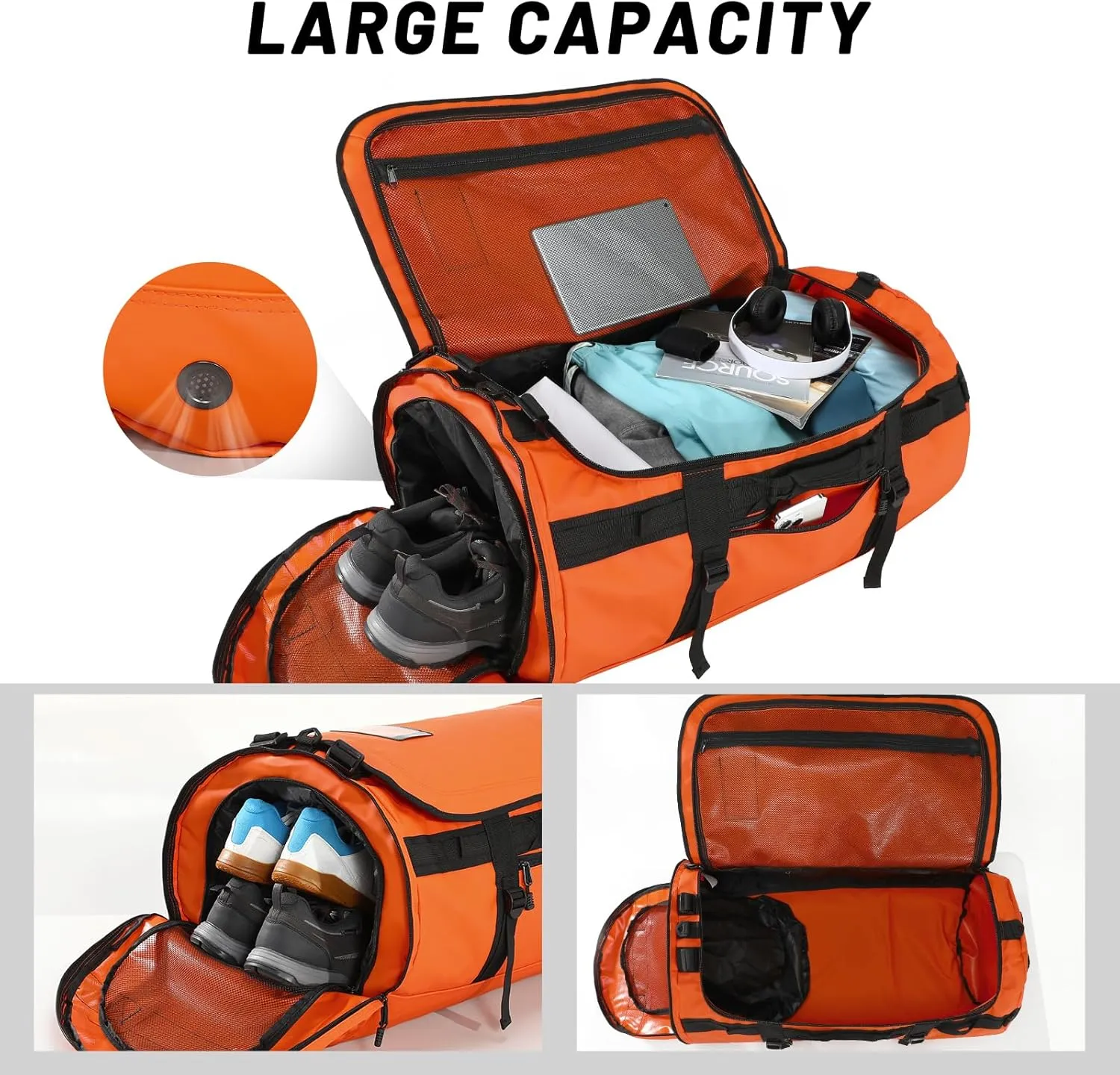MIER Large Duffle Backpack Sports Gym Bag with Shoe Compartment, Heavy Duty and Water Resistant, Orange, 90L