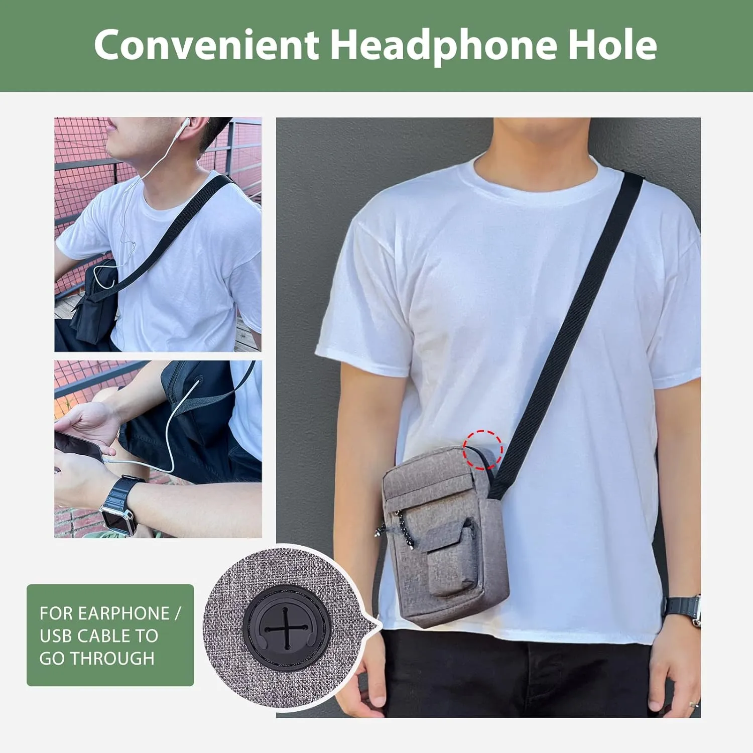 Mini Crossbody Bag for Men Shoulder Bag Organize Wallet Phones and Water Bottle Small Messenger with Earphone Hole