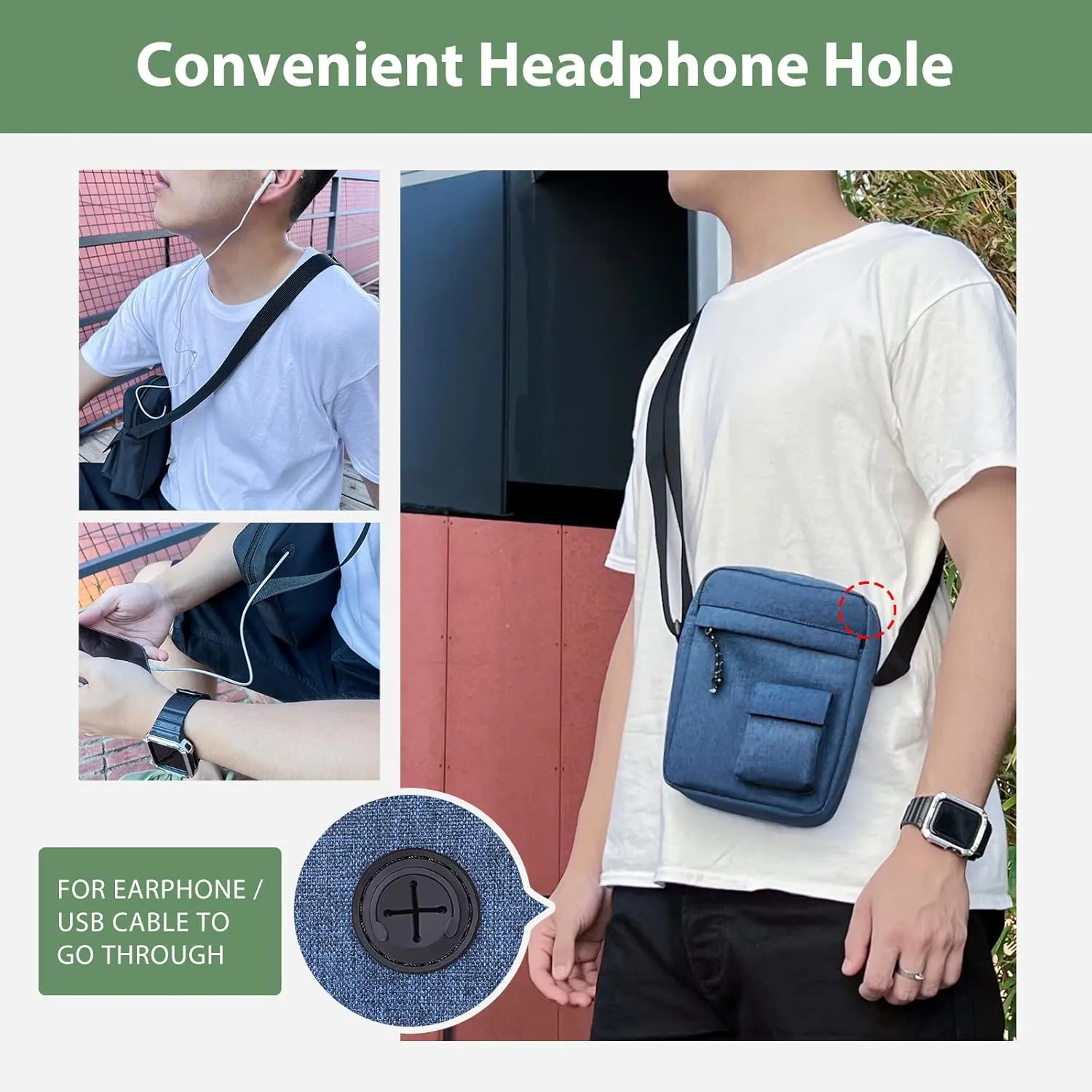 Mini Crossbody Bag for Men Shoulder Bag Organize Wallet Phones and Water Bottle Small Messenger with Earphone Hole