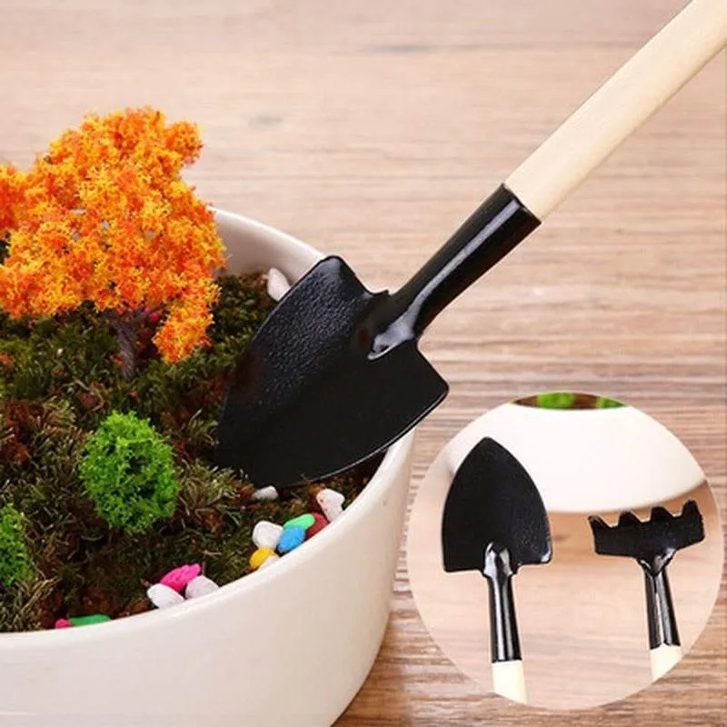 Mini Gardening Tools Set - Wooden Balcony Plant Care Kit