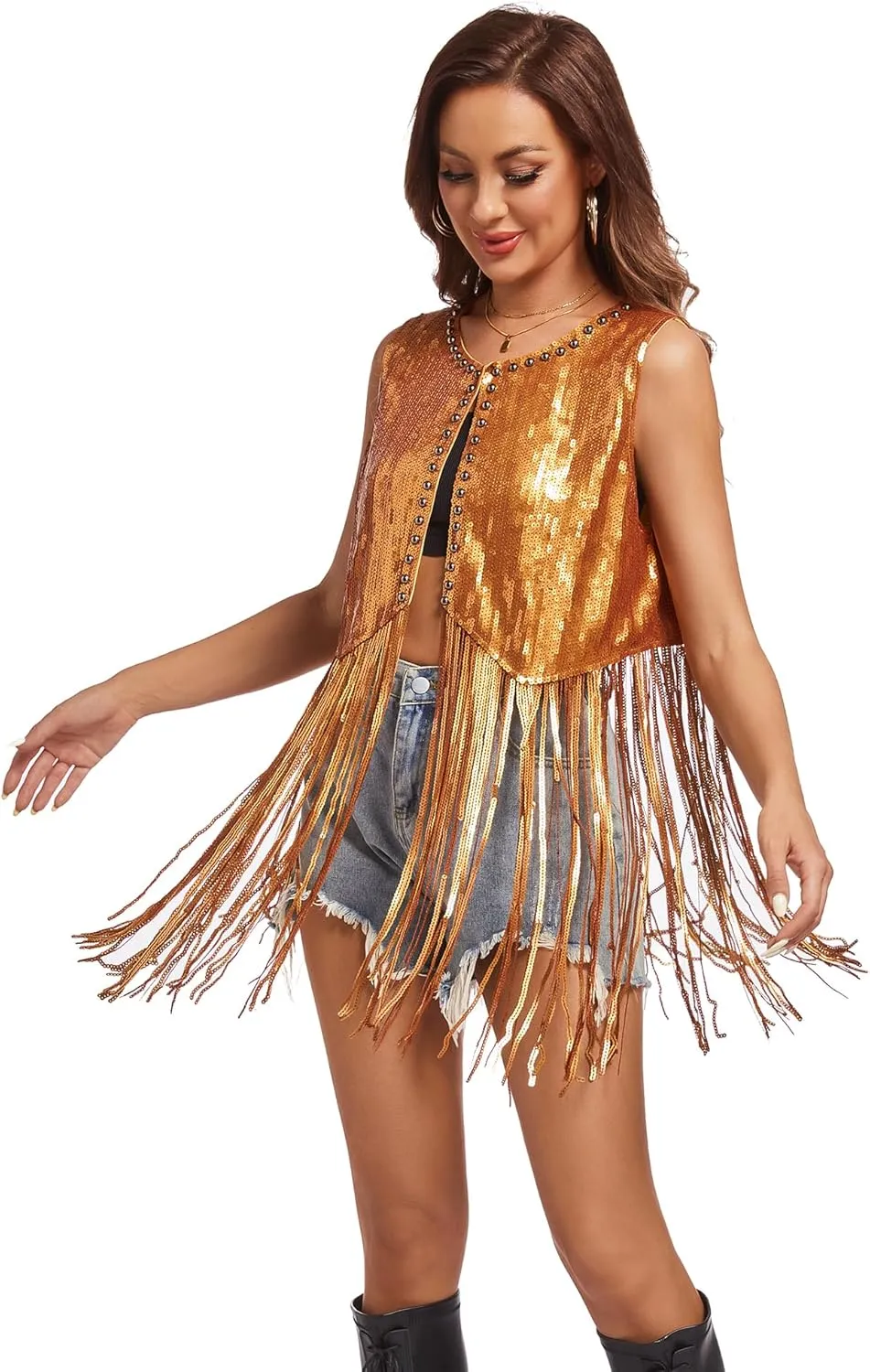 MISI CHAO Sequin Fringe Vest - Sparkly Tassels Jacket Rivet Sleeveless Open Front Tops Glitter Party Cowgirl Concert Outfits