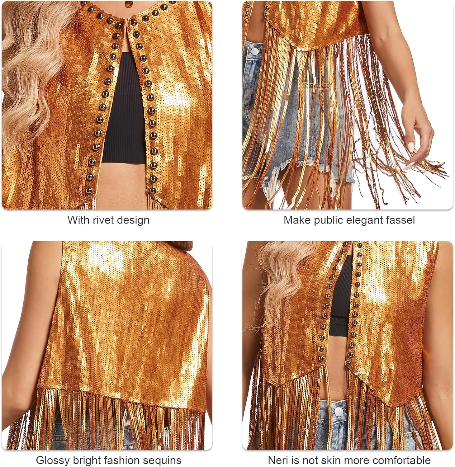 MISI CHAO Sequin Fringe Vest - Sparkly Tassels Jacket Rivet Sleeveless Open Front Tops Glitter Party Cowgirl Concert Outfits