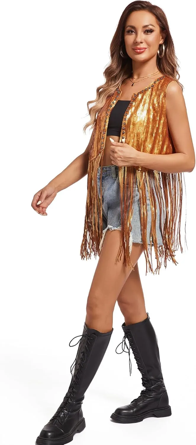 MISI CHAO Sequin Fringe Vest - Sparkly Tassels Jacket Rivet Sleeveless Open Front Tops Glitter Party Cowgirl Concert Outfits