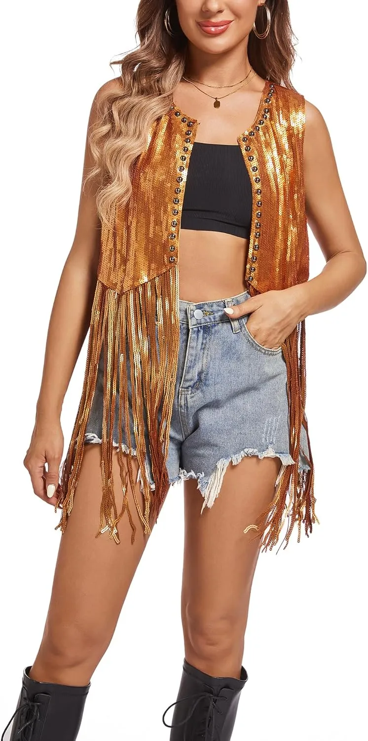 MISI CHAO Sequin Fringe Vest - Sparkly Tassels Jacket Rivet Sleeveless Open Front Tops Glitter Party Cowgirl Concert Outfits