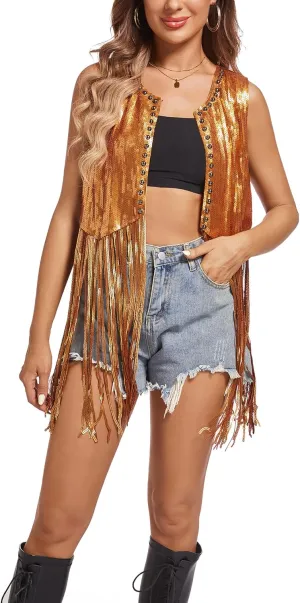 MISI CHAO Sequin Fringe Vest - Sparkly Tassels Jacket Rivet Sleeveless Open Front Tops Glitter Party Cowgirl Concert Outfits