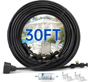 Misting Cooling System for Outdoor Patio & Garden - Brass Nozzles, UV-Resistant Tubing, DIY Installation - Water-Saving Backyard Mister for Greenhouse, Trampoline, Pool, BBQ Parties (30FT / 9M)