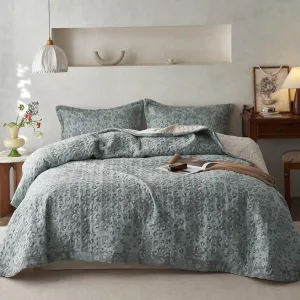 mixinni Leopard Print Quilt Set Queen Size Soft Cotton Double-Laye Retro Blue Animal Pattern Quilt Bedding Set Farmhouse Bedspread Coverlet Sets, 3-Pieces Including Pillow Shams (90x90 Inches)