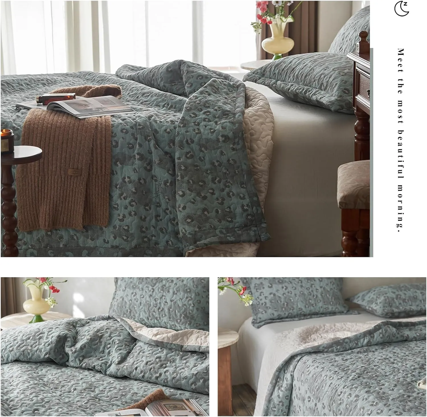 mixinni Leopard Print Quilt Set Queen Size Soft Cotton Double-Laye Retro Blue Animal Pattern Quilt Bedding Set Farmhouse Bedspread Coverlet Sets, 3-Pieces Including Pillow Shams (90x90 Inches)
