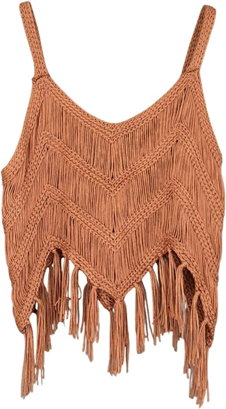 Miyaomn Women's V Neck Crop Tank Tops Sleeveless Western Cowgirl Vest Summer Fringe Tassel Hem Camis Country Concert Outfits