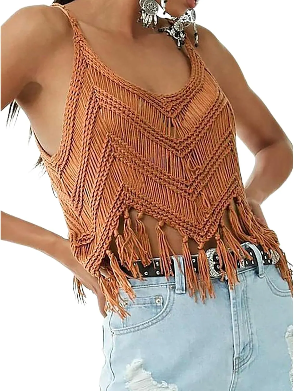 Miyaomn Women's V Neck Crop Tank Tops Sleeveless Western Cowgirl Vest Summer Fringe Tassel Hem Camis Country Concert Outfits