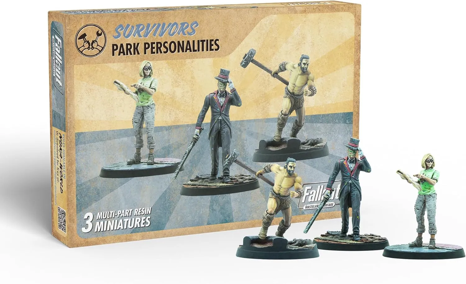 Modiphius: Fallout: Wasteland Warfare - Survivors Park Personalities - 3 Miniatures, 32mm Multi-Part Resin Unpainted Figures, RPG, Scenic Bases