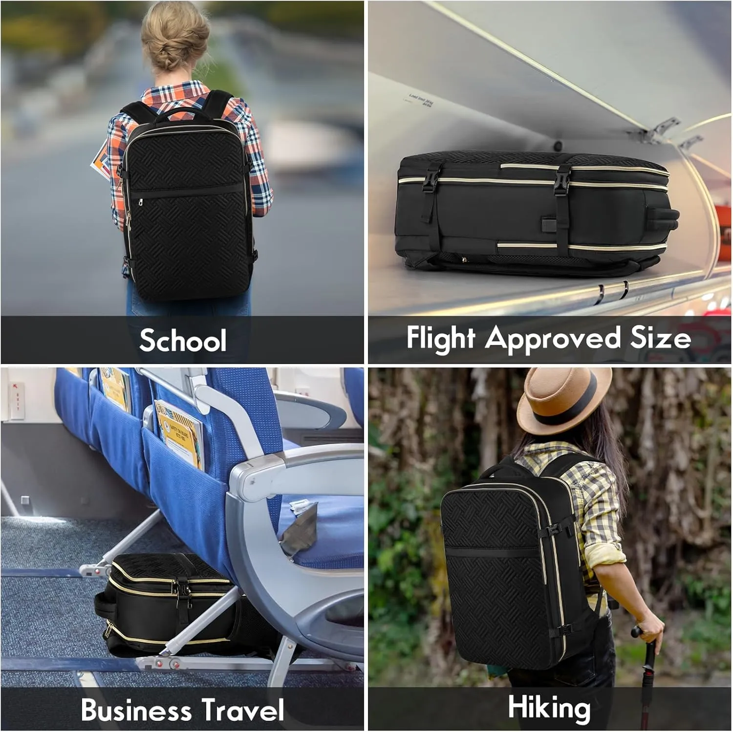MOMUVO Carry On Backpack for Women, Flight Approved Large Travel Laptop Backpack with USB Charge Port, 17 Inch Water Resistant Luggage Travel Bag for Weekender Business, Black - T Shape