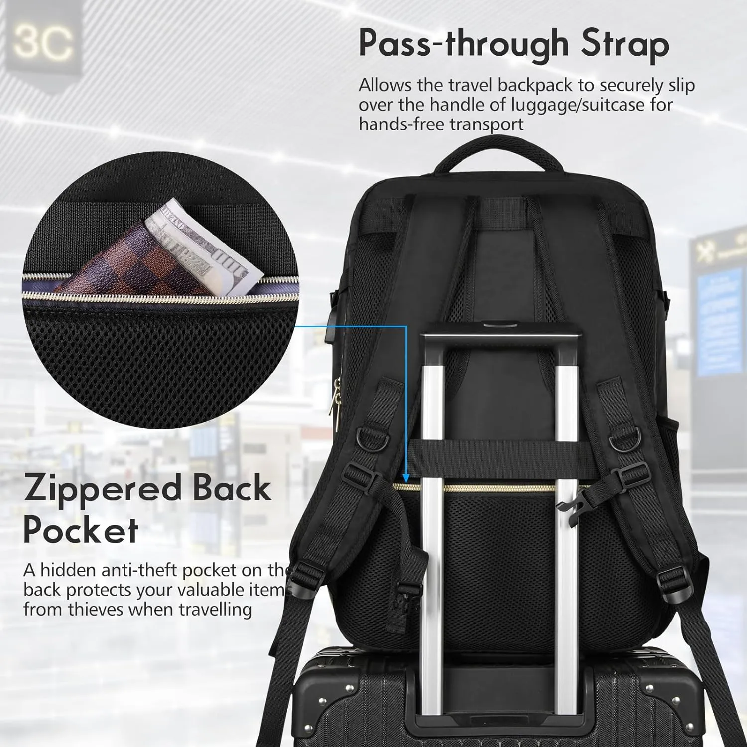 MOMUVO Carry On Backpack for Women, Flight Approved Large Travel Laptop Backpack with USB Charge Port, 17 Inch Water Resistant Luggage Travel Bag for Weekender Business, Black - T Shape