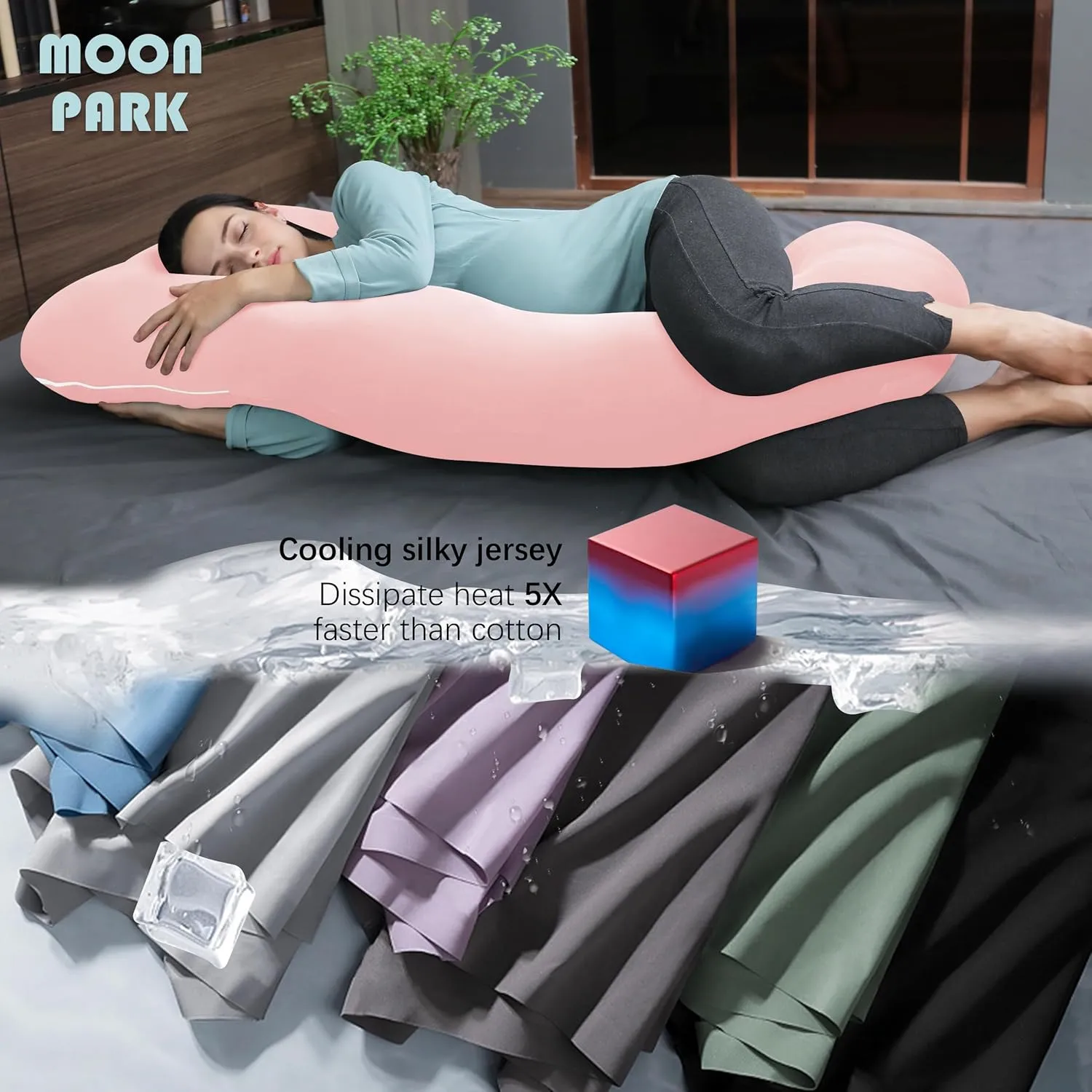 MOON PARK Pregnancy Pillows for Sleeping - U Shaped Full Body Maternity Pillow with Removable Cover - Support for Back, Legs, Belly, HIPS - 57 Inch - Pink - Cooling Cover