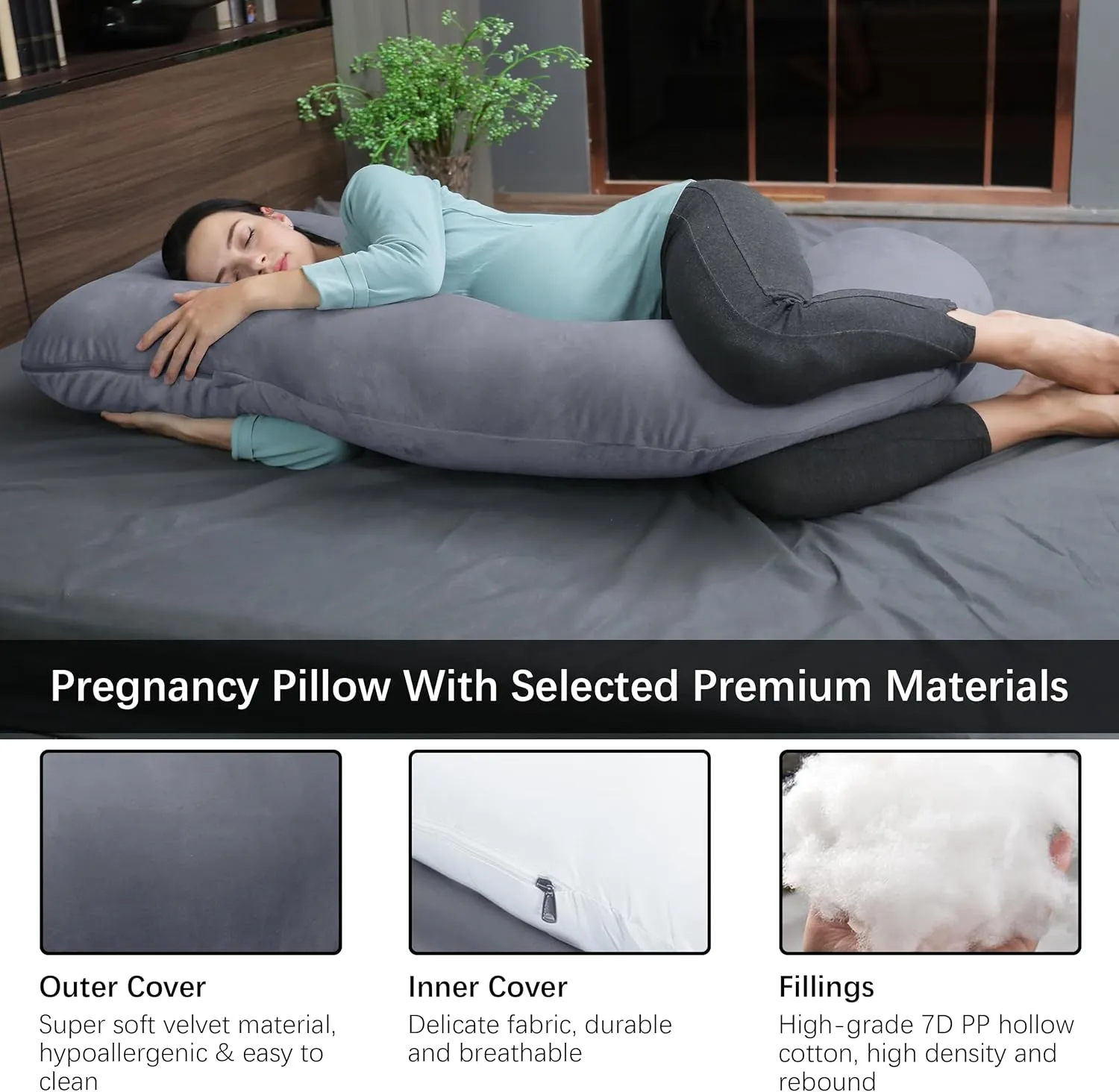 MOON PARK Pregnancy Pillows for Sleeping - U Shaped Full Body Maternity Pillow with Removable Cover - Support for Back, Legs, Belly, HIPS - 57 Inch Pregnancy Pillow for Women - Dark Grey