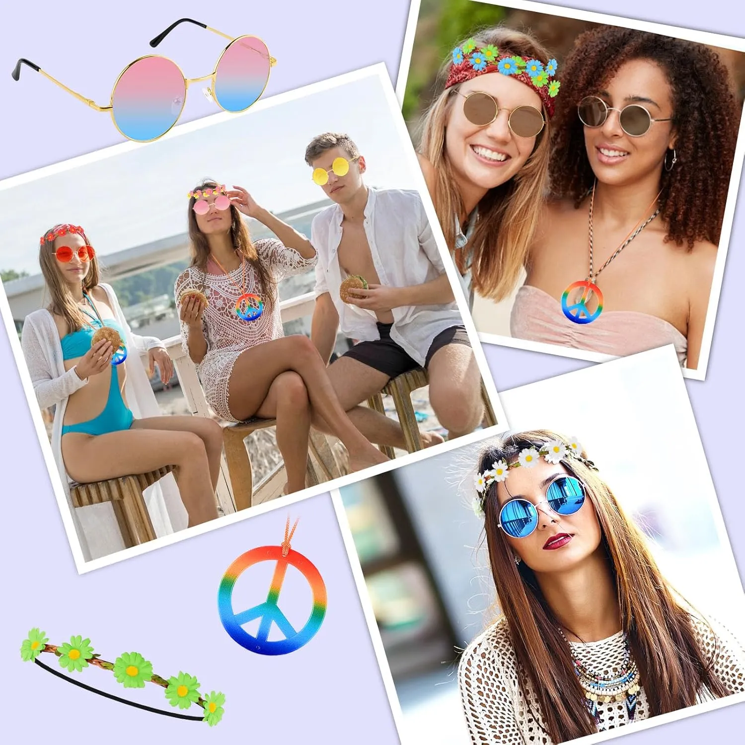 Morcheiong 60 Pcs Hippie Accessory Set Includes Multicolor Daisy Flower Headbands, Round Sunglasses and Peace Sign Necklaces for 60s 70s Party Supplies